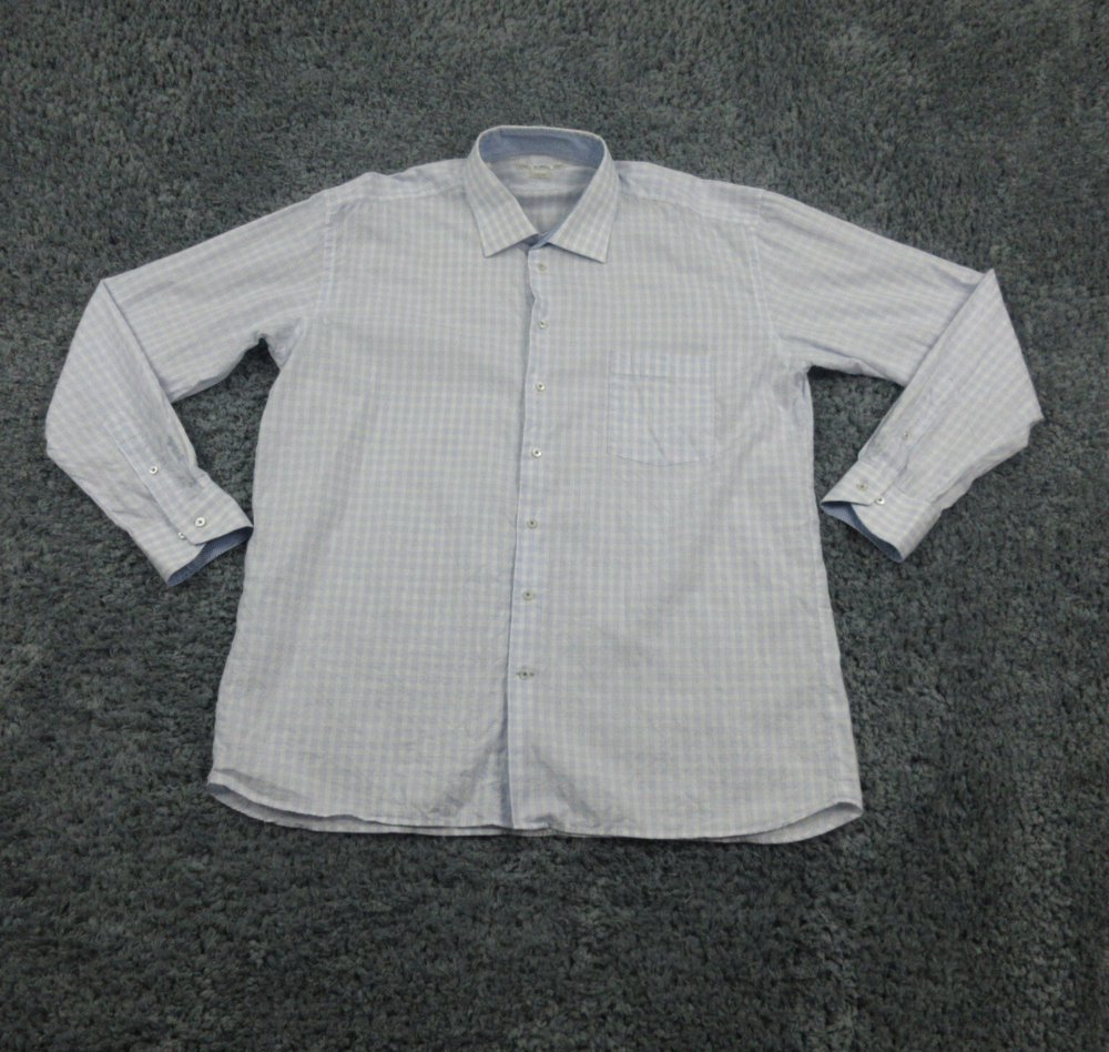 Lipson Shirt Mens 19 L Blue White Textured Plaid Classic Fit Button Up